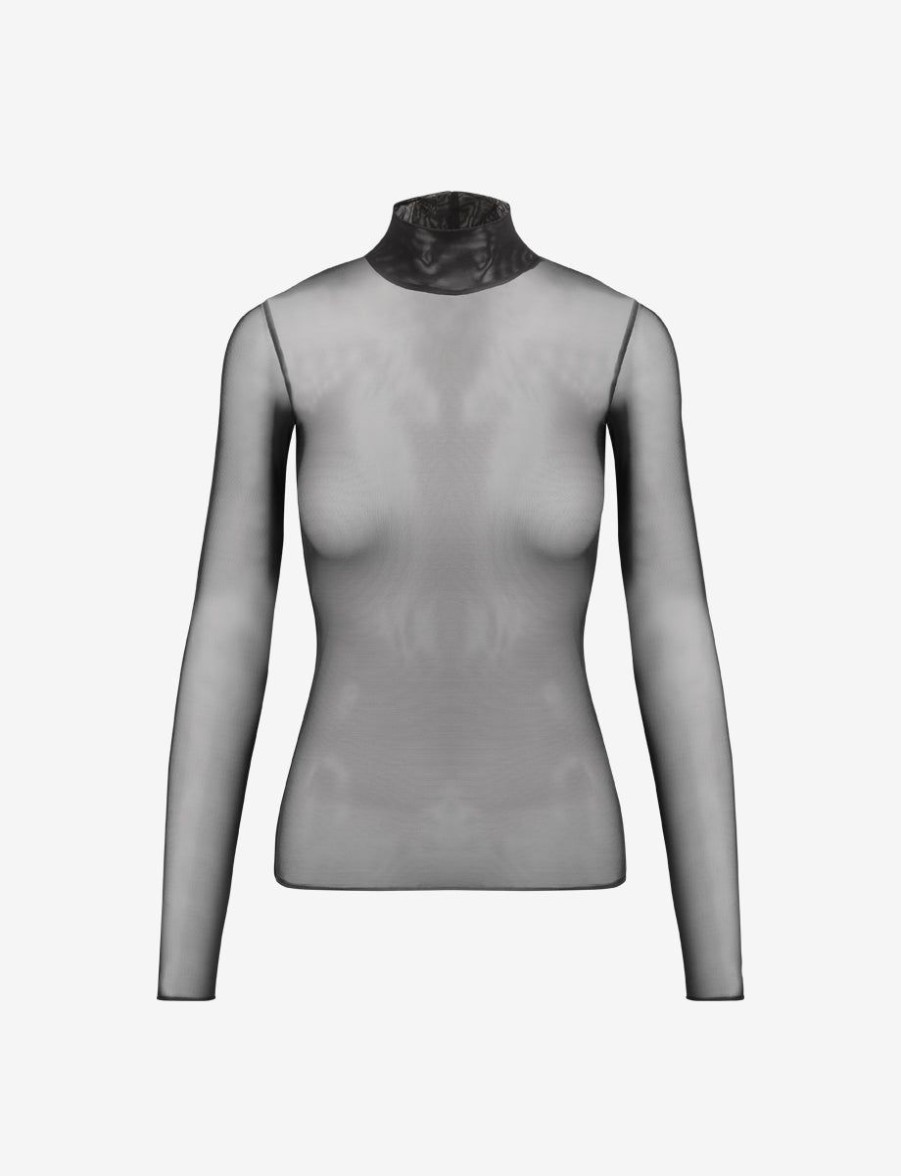 Womens COMMANDO Topstops | Chic Mesh Long Sleeve Turtleneck Black