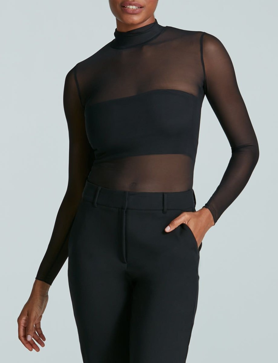 Womens COMMANDO Topstops | Chic Mesh Long Sleeve Turtleneck Black