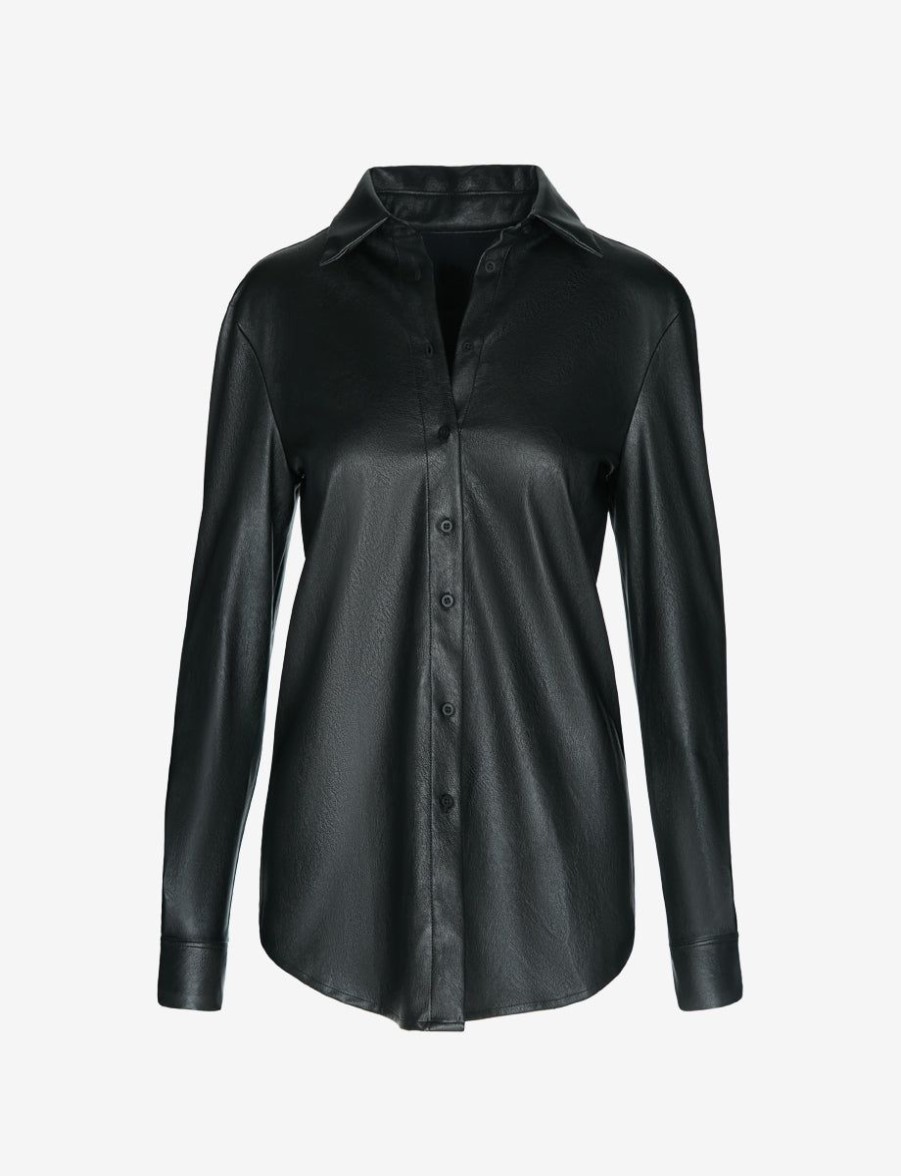 Womens COMMANDO Topstops | Lightweight Faux Leather Oversized Button Down Black