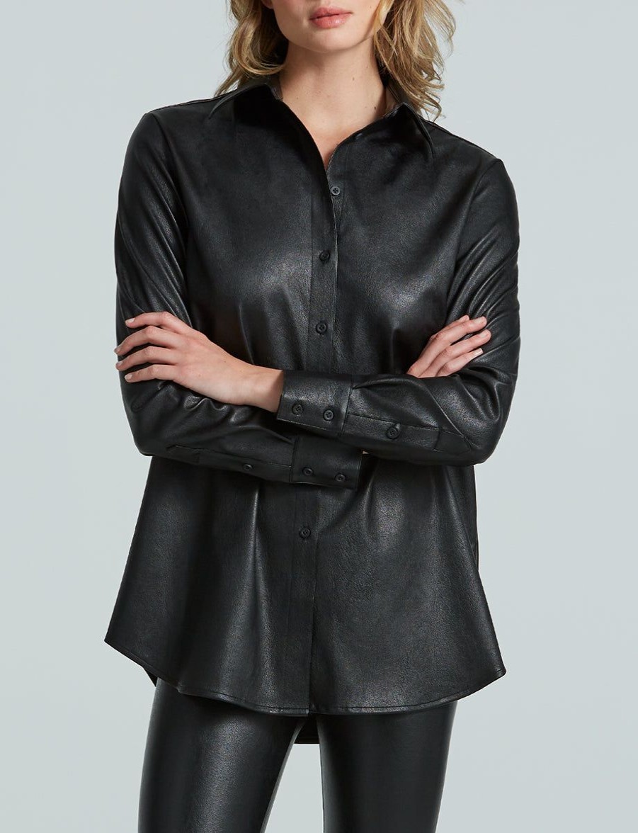 Womens COMMANDO Topstops | Lightweight Faux Leather Oversized Button Down Black