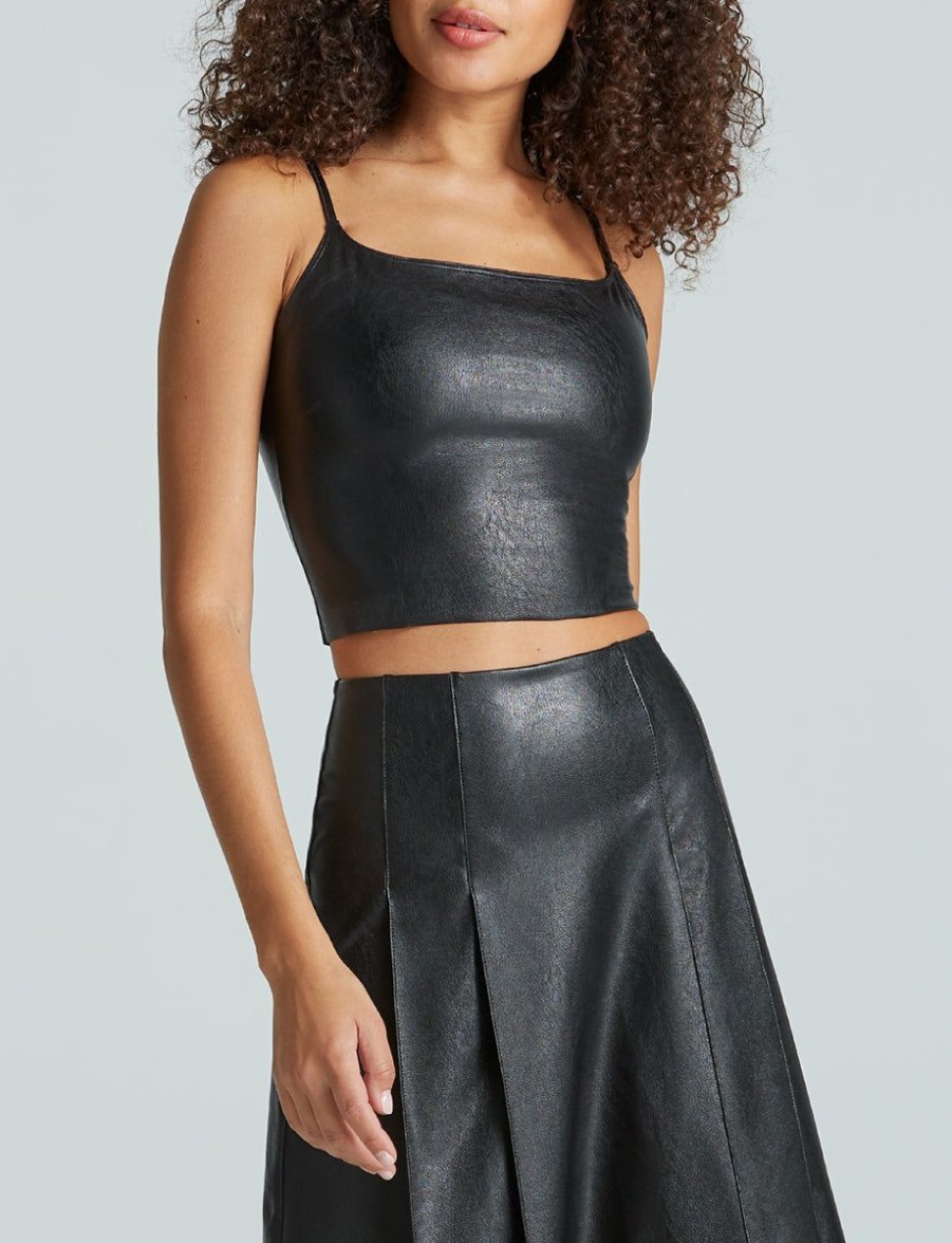 Womens COMMANDO Topstops | Faux Leather Cami Crop Top Black