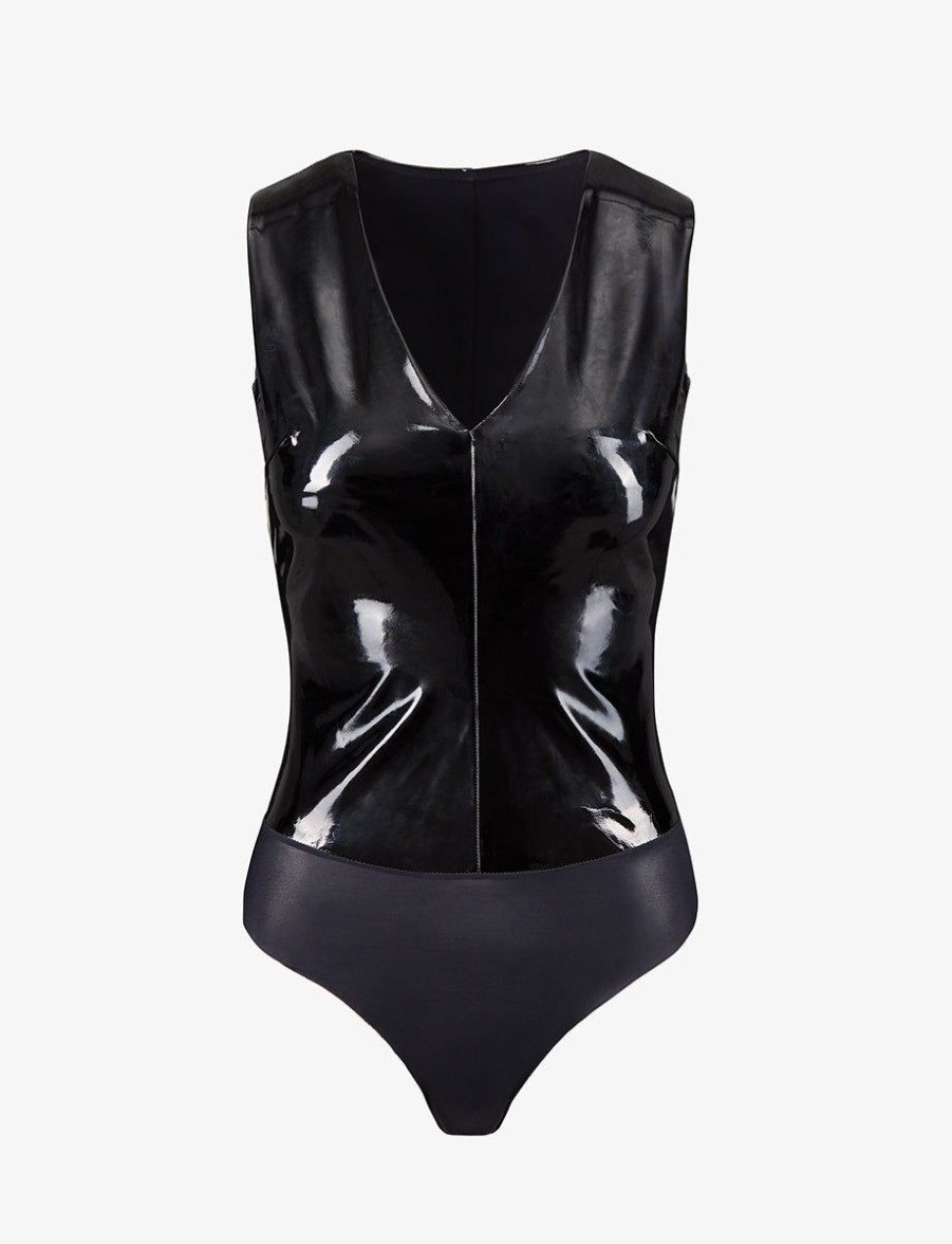 Womens COMMANDO Bodysuitsbodysuits | Faux Patent Leather V-Neck Bodysuit Black