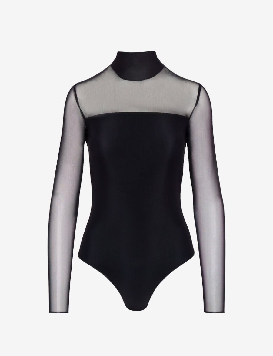 Womens COMMANDO Bodysuitsbodysuits | Chic Mesh Mockneck Long Sleeve Covered Bodysuit Black