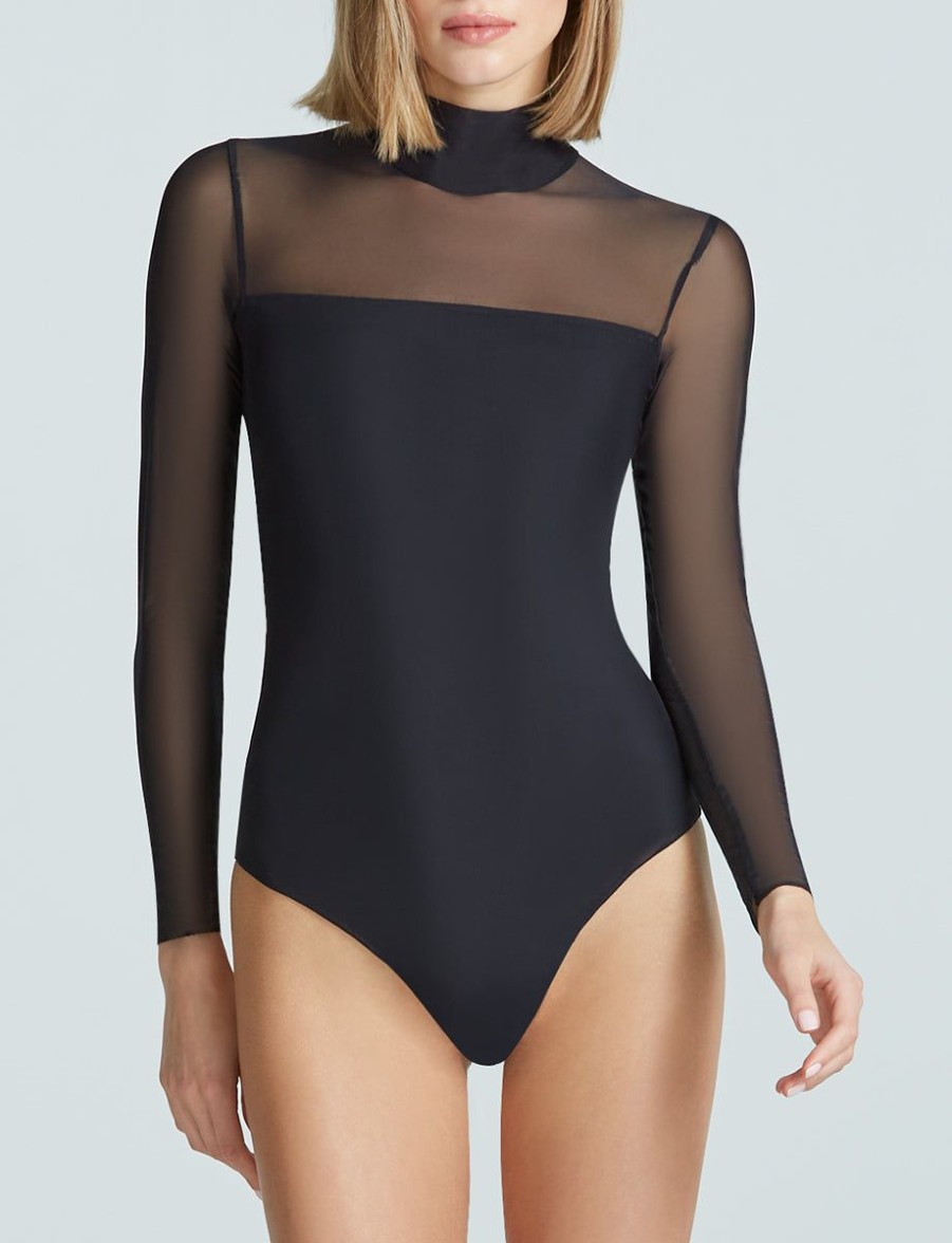 Womens COMMANDO Bodysuitsbodysuits | Chic Mesh Mockneck Long Sleeve Covered Bodysuit Black