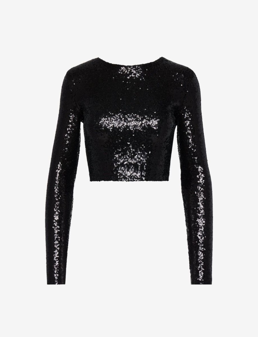 Womens COMMANDO Topstops | Sequin Long Sleeve Crewneck Crop Top Black